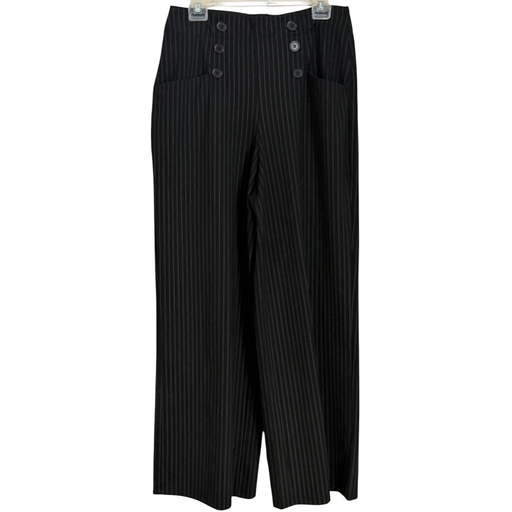 Sailor Wide Leg Pants Womens L Black Pinstripe High Waist Trousers Casual‎ Chic - Picture 3 of 15